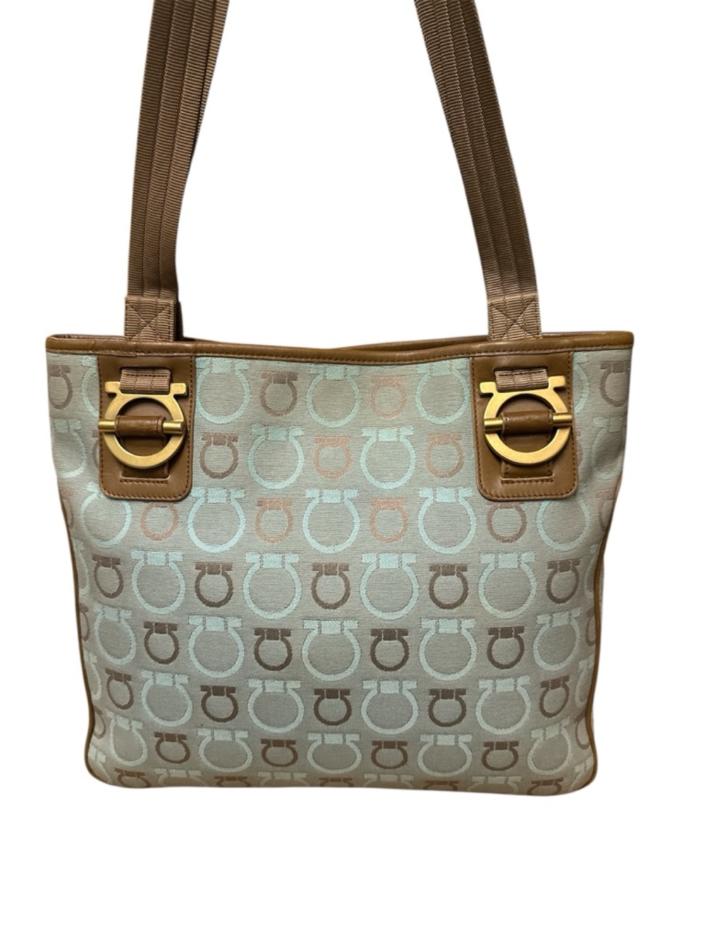 Salvatore Ferragamo Mint & Tan Gancini Logo Tote with COA - Picture 2 of 11